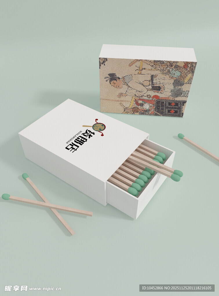 复古图案火柴盒与火柴样机效果