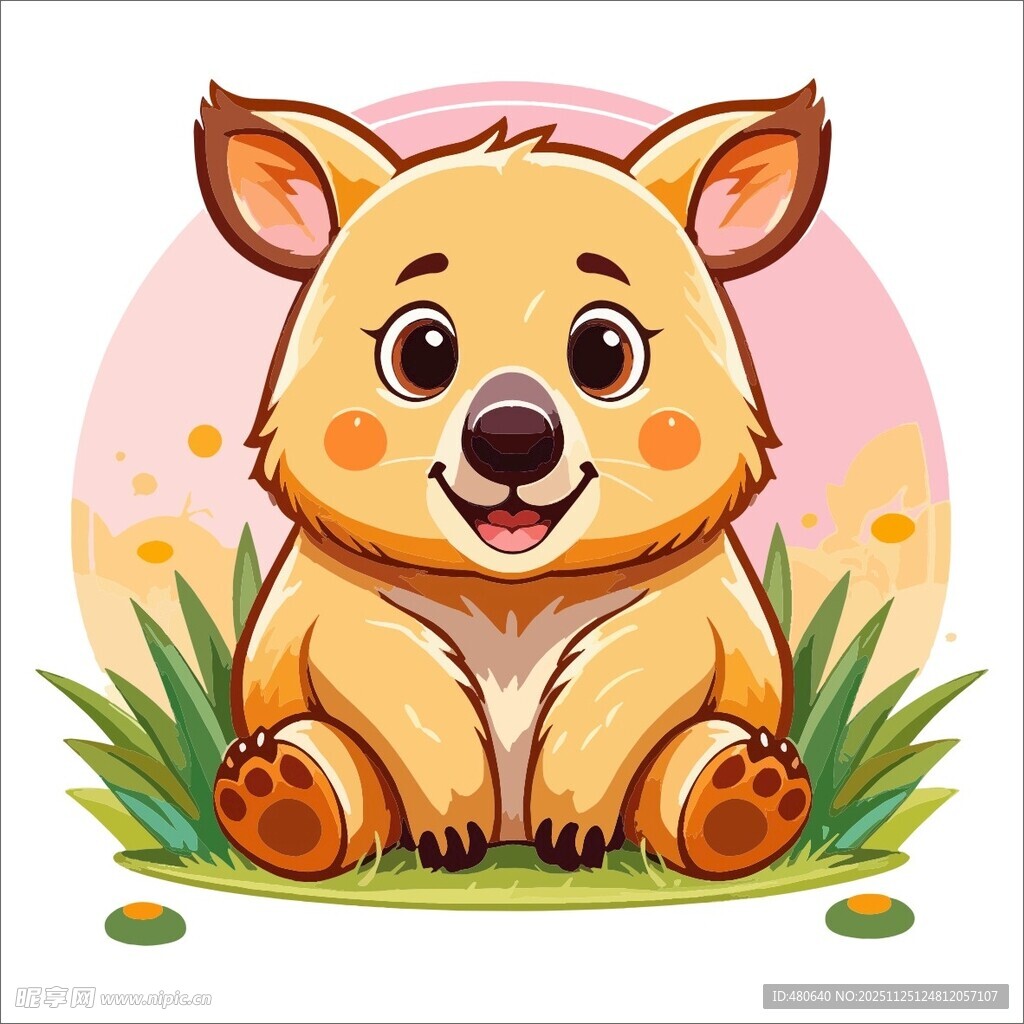 可爱袋熊坐在草地上