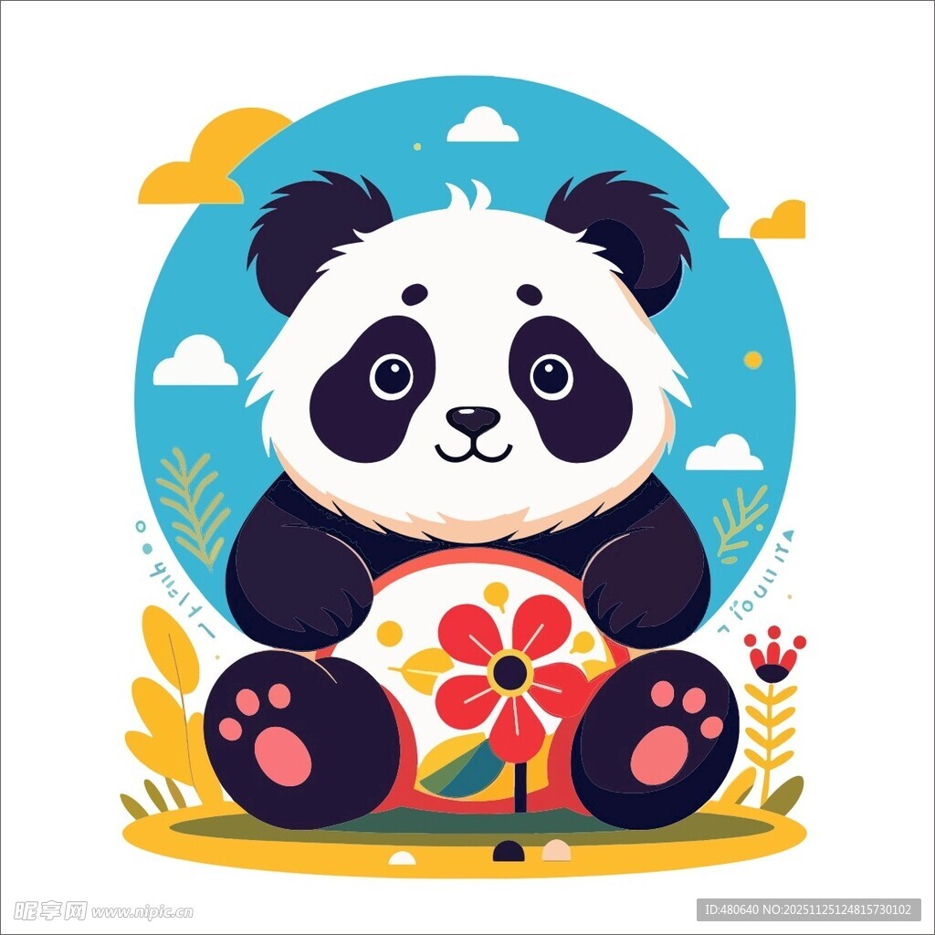 可爱熊猫手持花朵插画