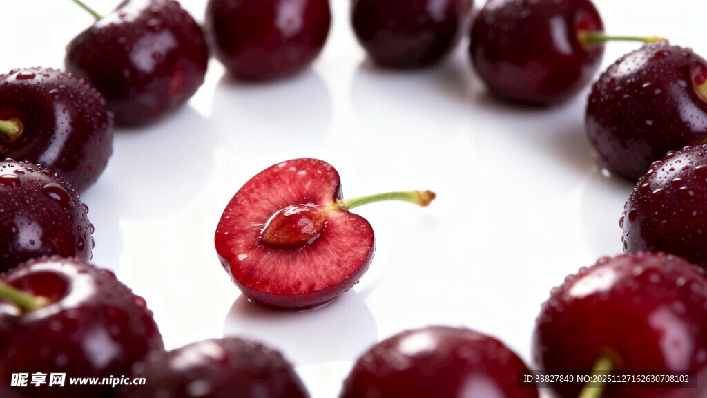 圆润樱桃环绕切开的鲜果