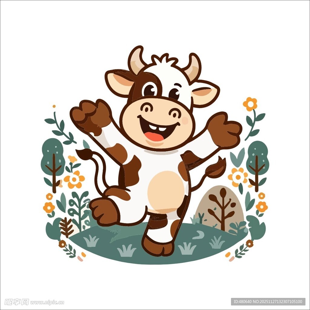 快乐小牛在花丛中欢跳