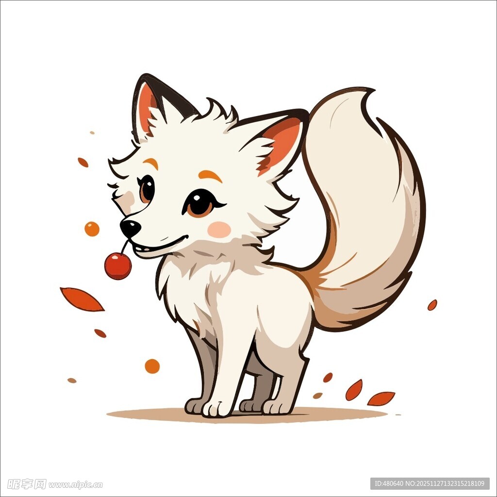 可爱白狐插画秋叶相伴
