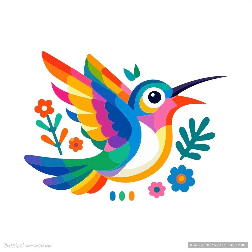 彩色蜂鸟与花卉插画