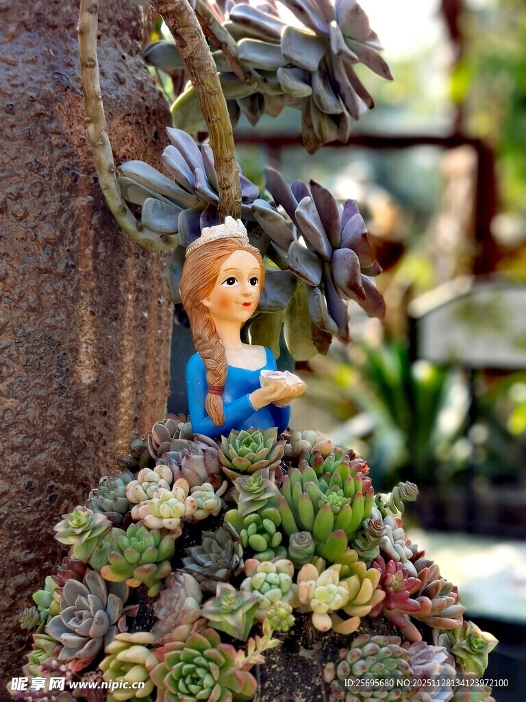 多肉旁的可爱人偶摆件