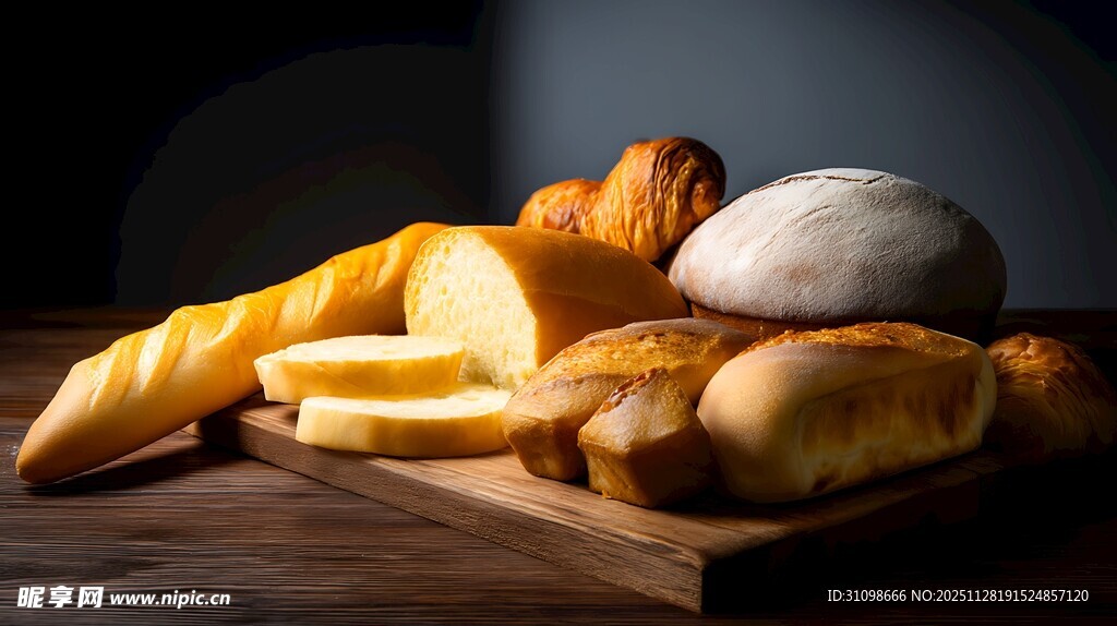 多样美味面包摆于木桌