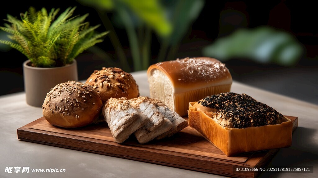 多样面包摆放在木托盘上