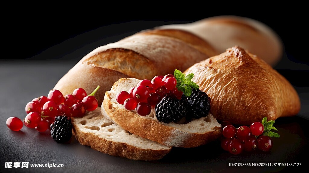 美味面包配新鲜浆果