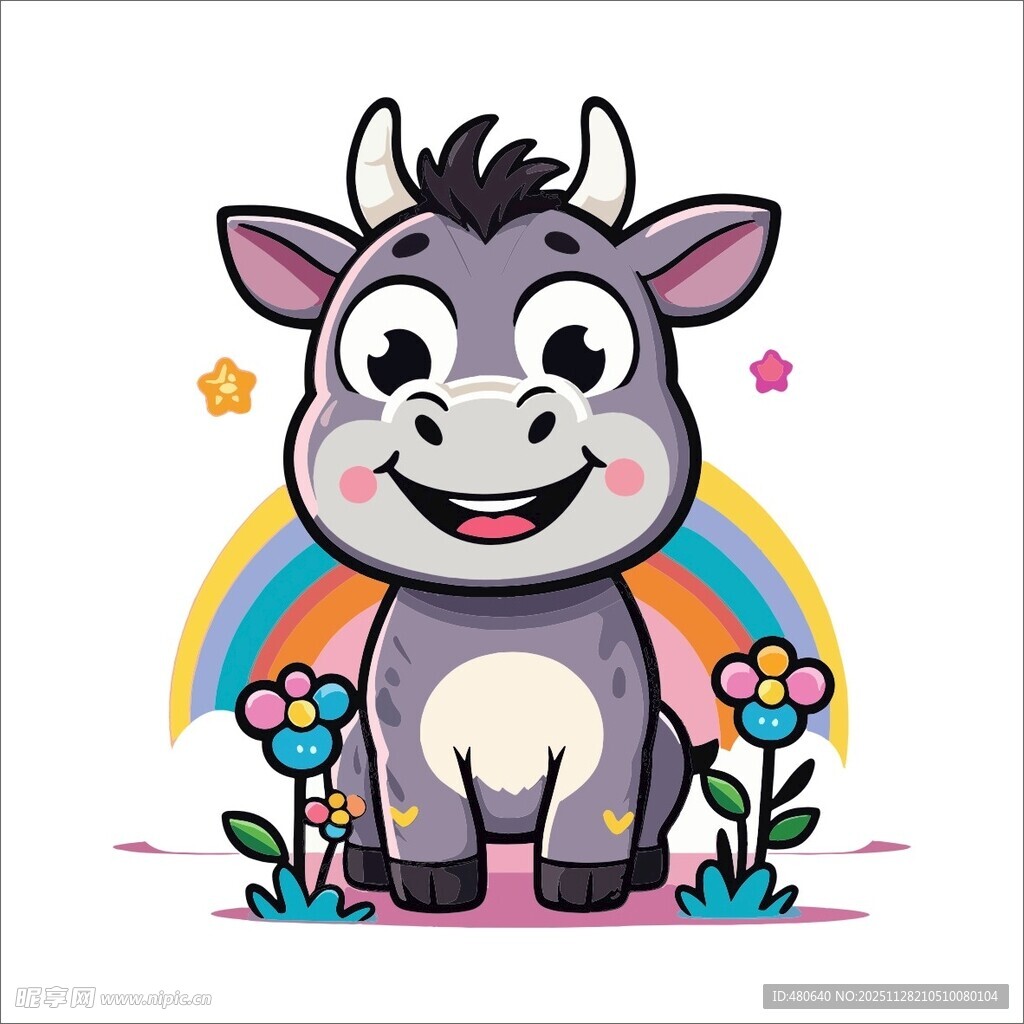 可爱小牛置身彩虹花丛中