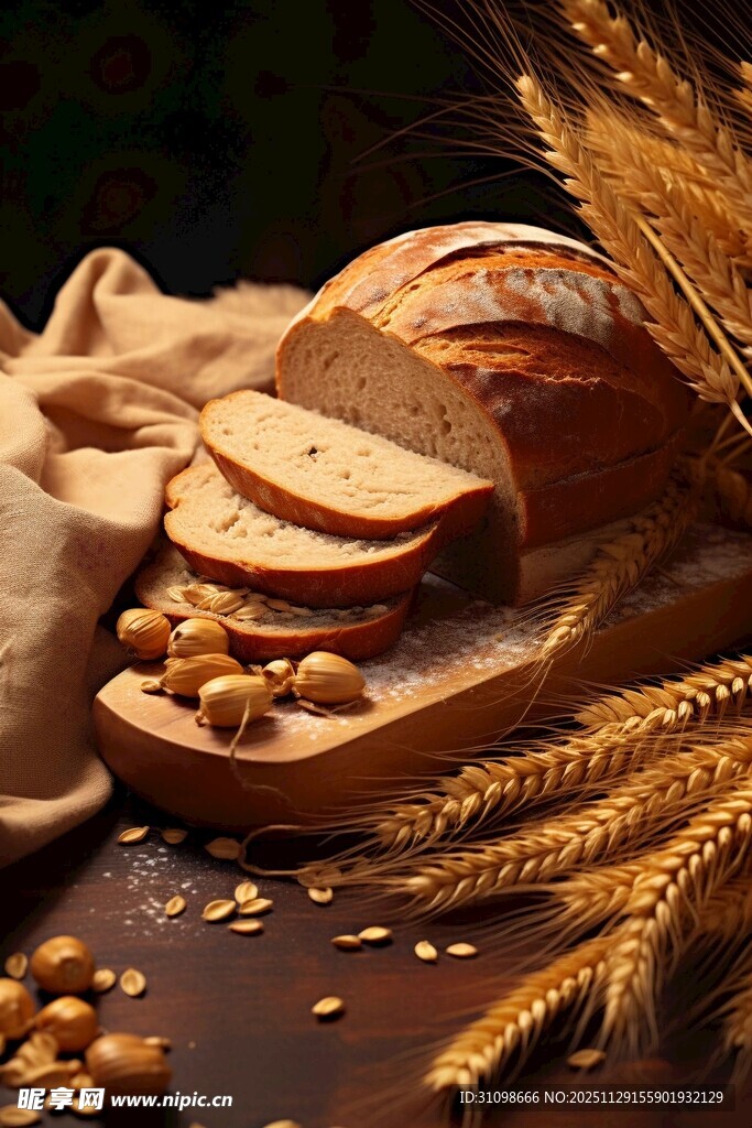 新鲜烘焙面包与麦穗展示