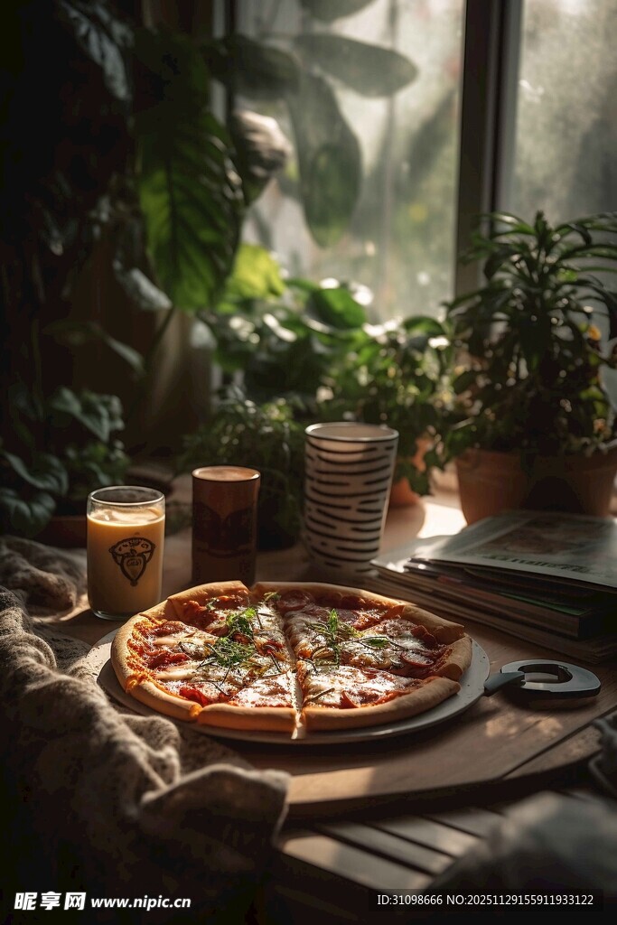 窗边美味披萨与绿植相伴