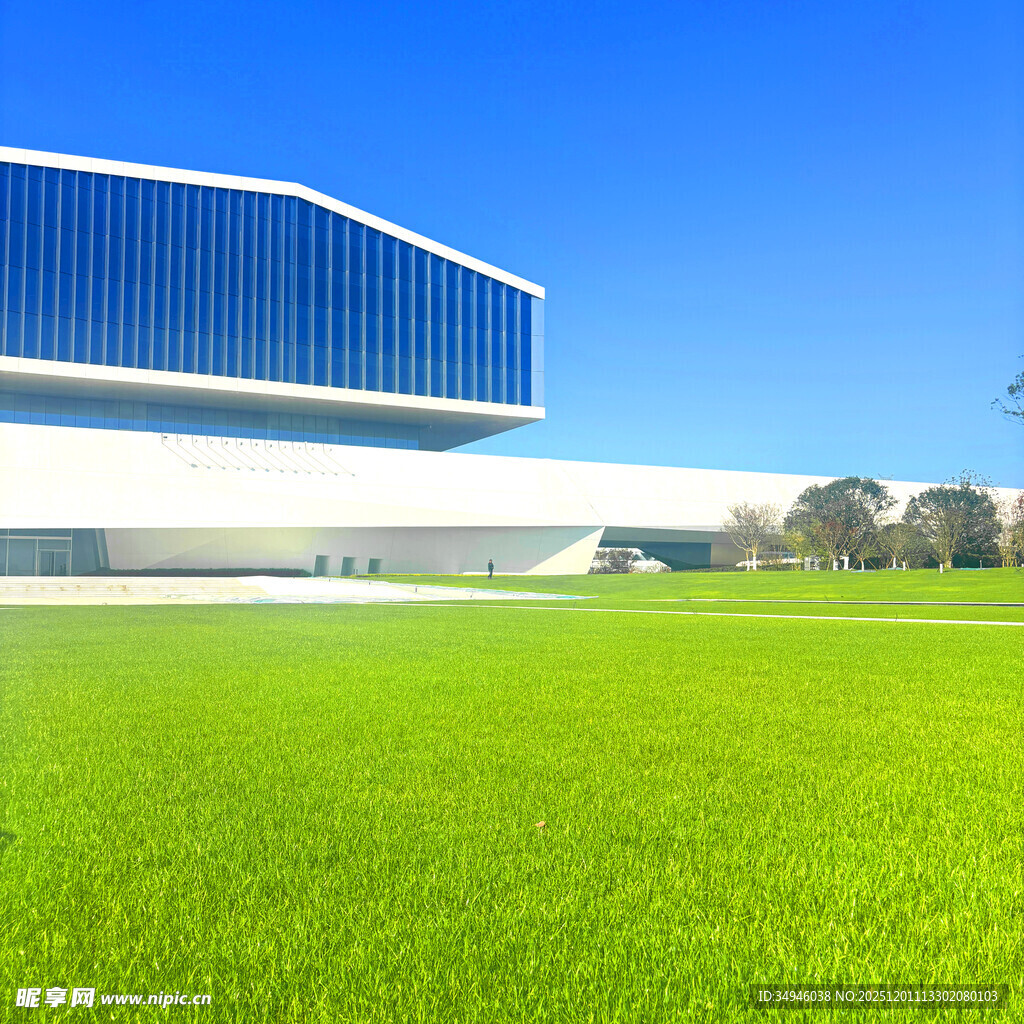 现代建筑旁的翠绿草坪