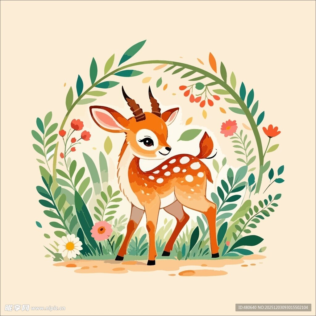 可爱小鹿置身花草环绕间