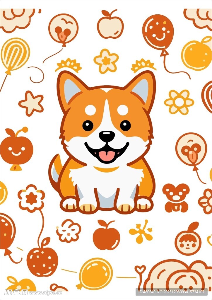 可爱柯基与秋日元素图案