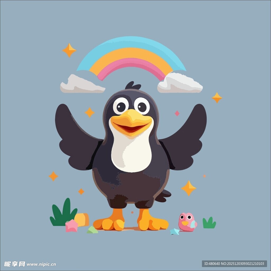 快乐企鹅在彩虹下欢呼