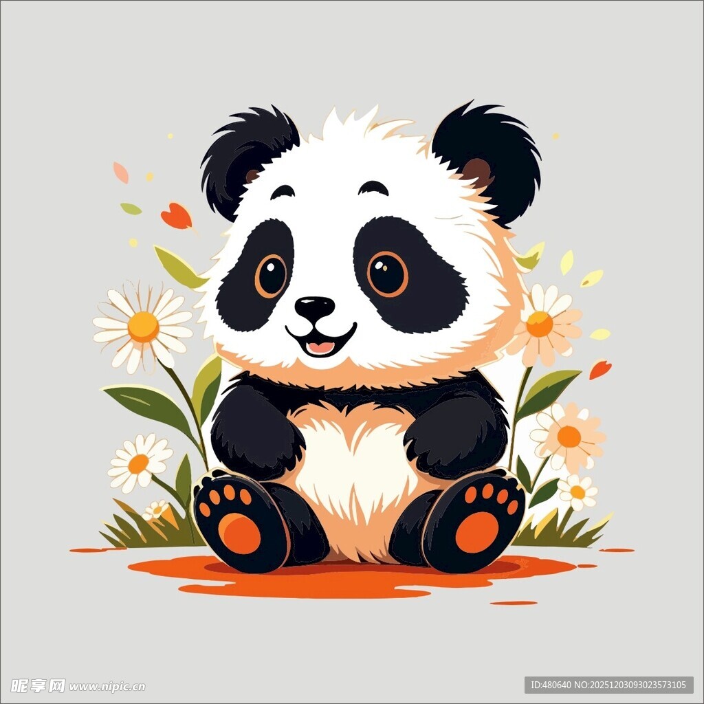 可爱熊猫置身花丛中
