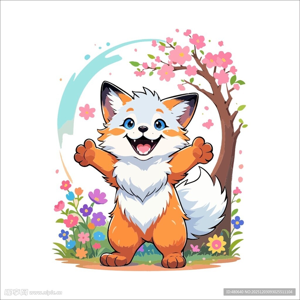 可爱狐狸在花丛树旁欢跳