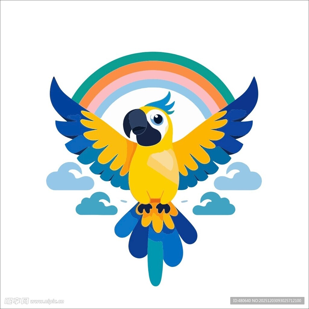 彩虹下飞翔的多彩鹦鹉