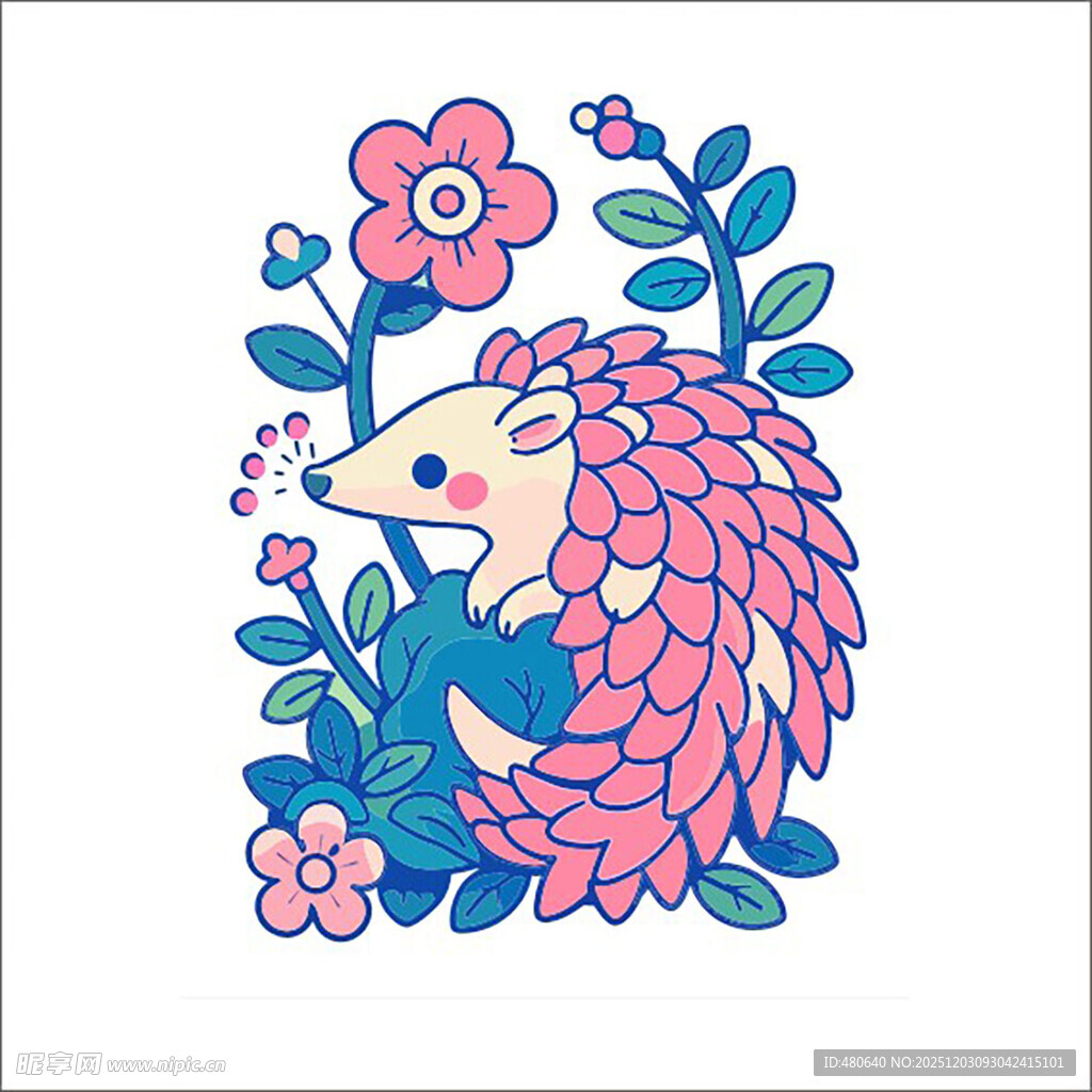 可爱刺猬与花卉插画