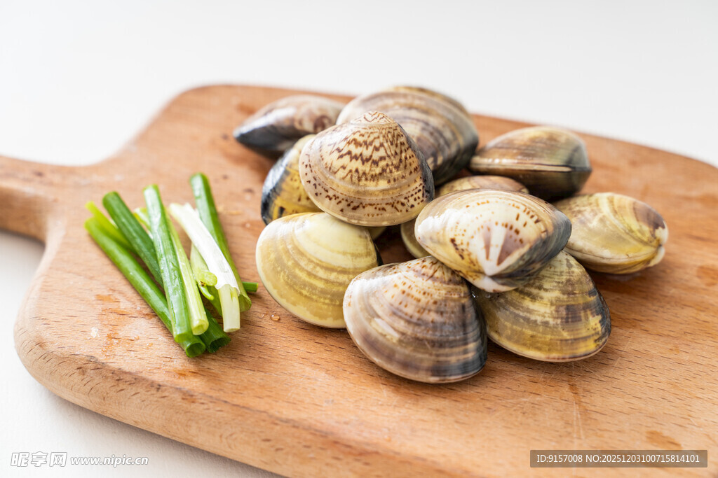 木板上的蛤蜊与青葱