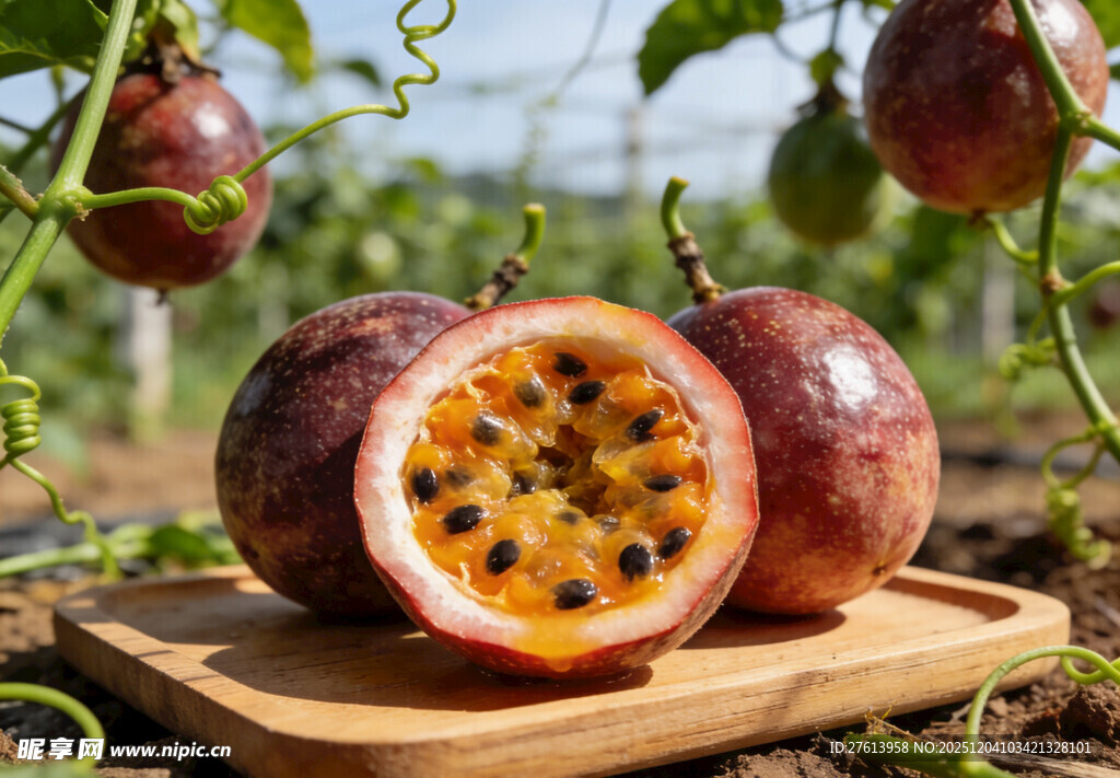 百香果摆放在木托盘上