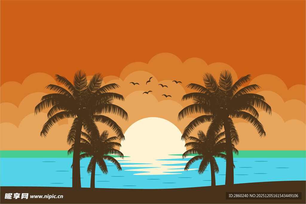 夕阳下的海边棕榈树美景