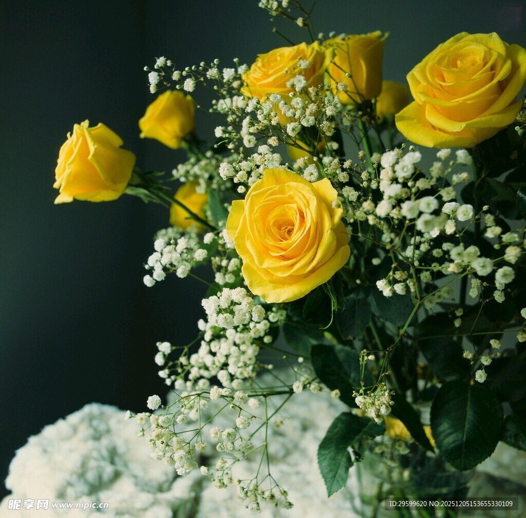黄玫瑰与满天星插花