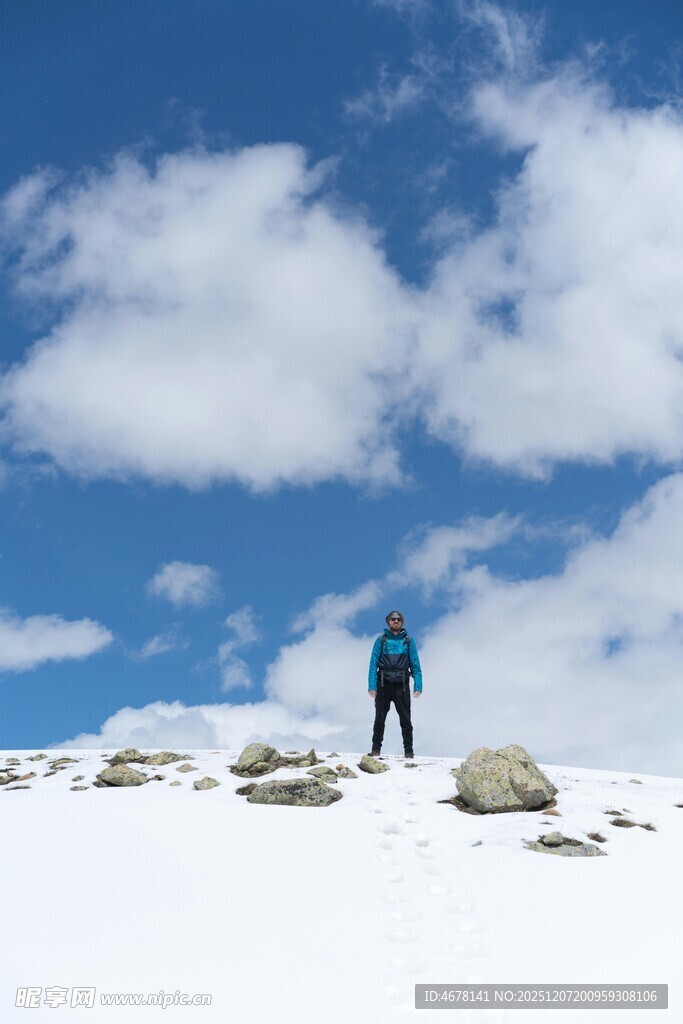 雪山顶上的徒步者