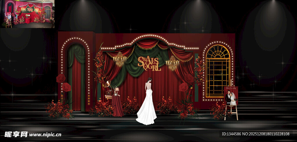 复古舞台上的白色婚纱展示