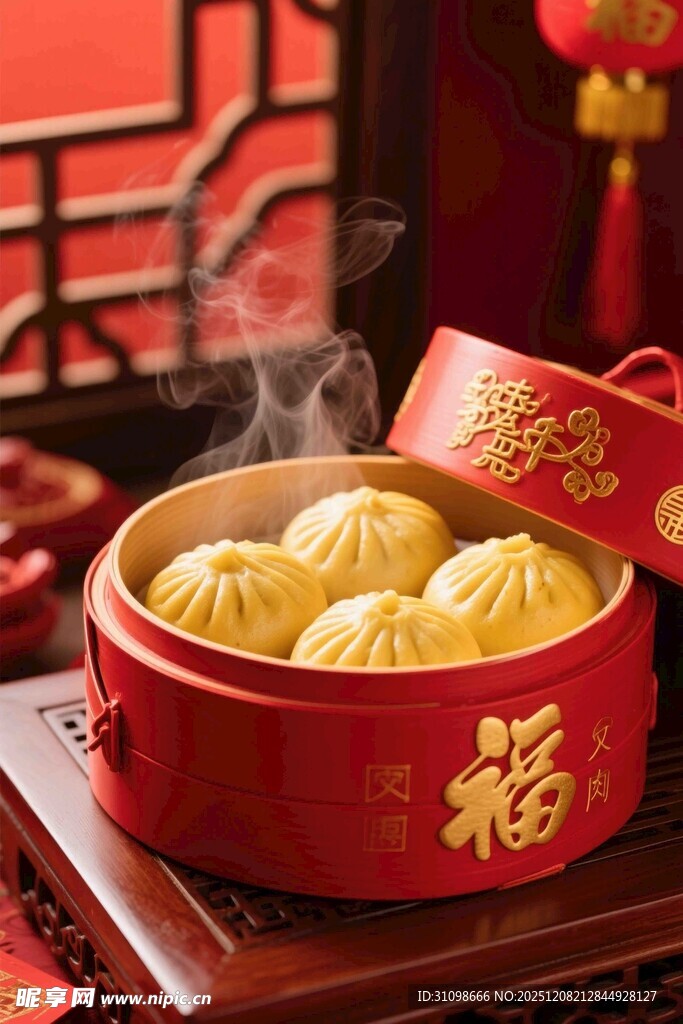 喜庆福字蒸笼里的美味包子
