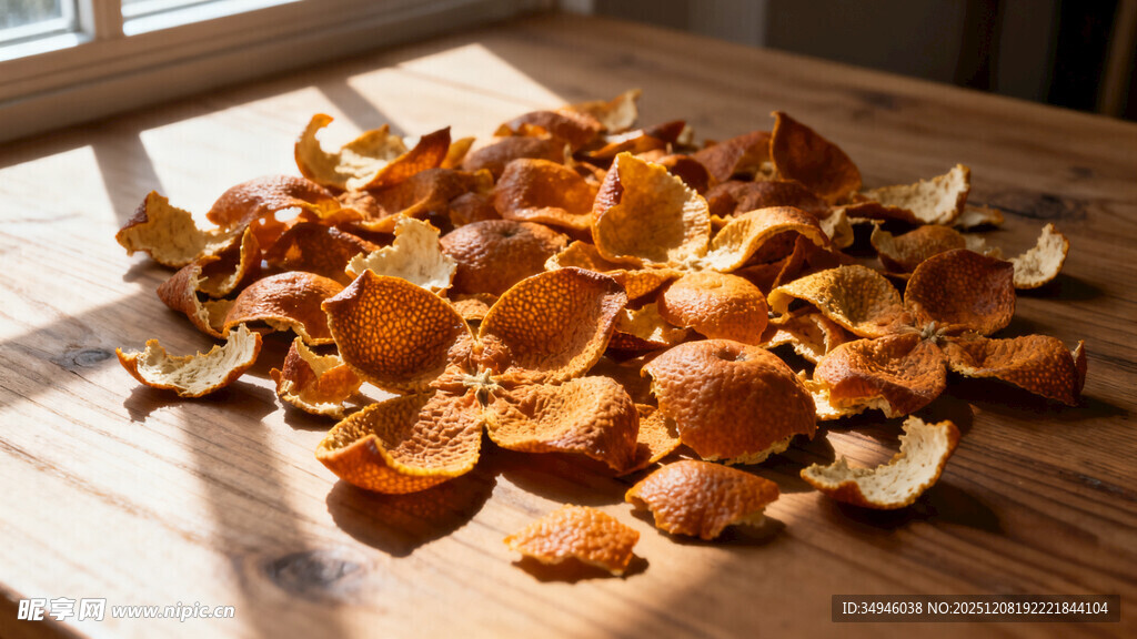 木制桌面上的干橘子皮