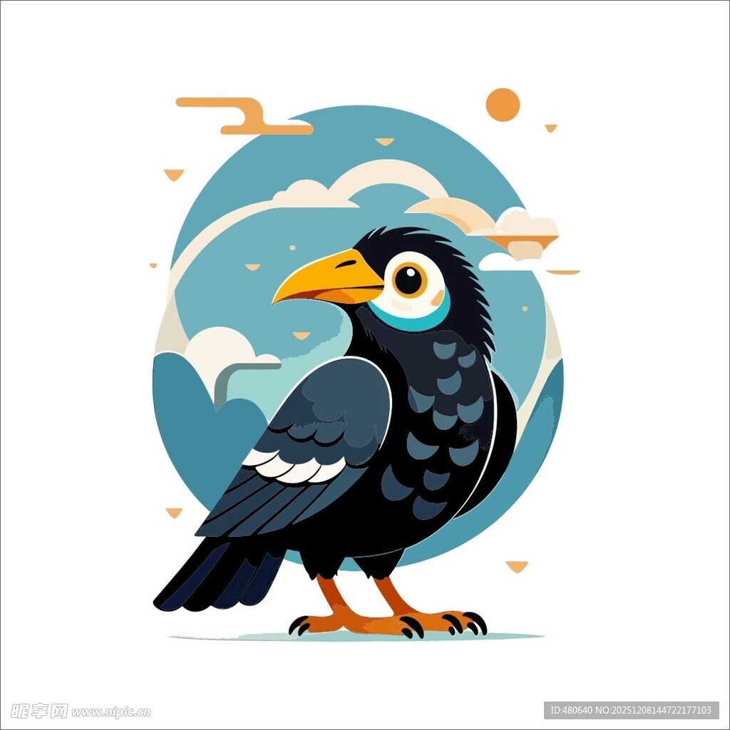 插画中的黑羽鸟