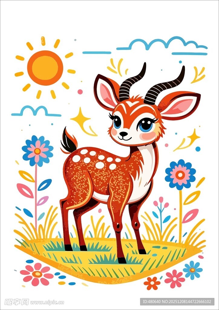 可爱小鹿在多彩花丛中