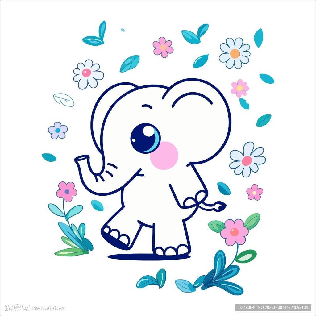 可爱小象漫步花丛间