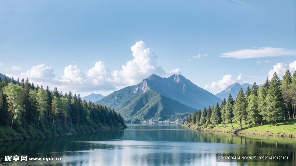 湖畔青山绿树自然风光