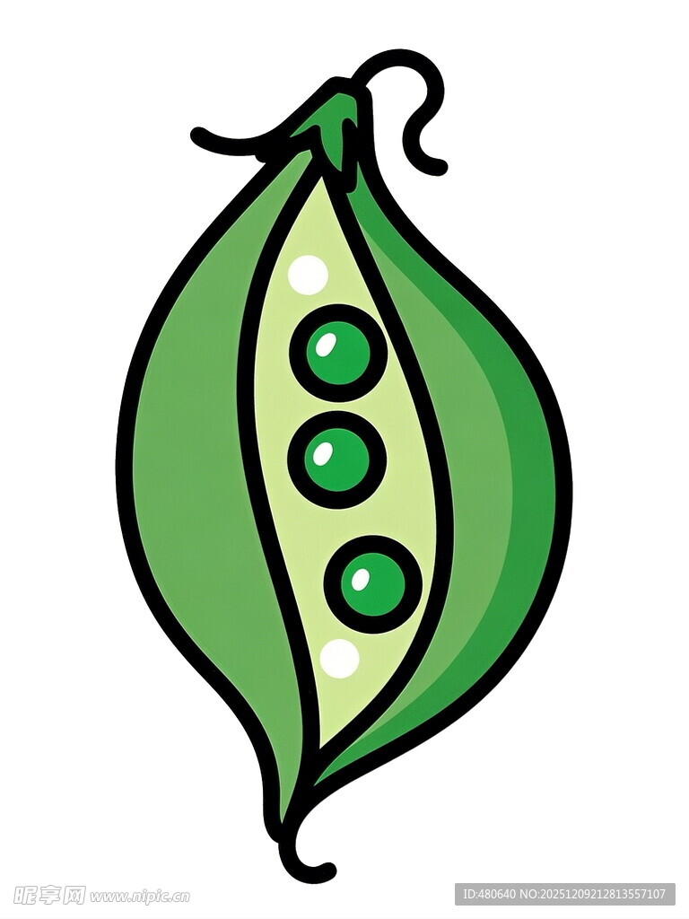 卡通形象的翠绿豌豆荚