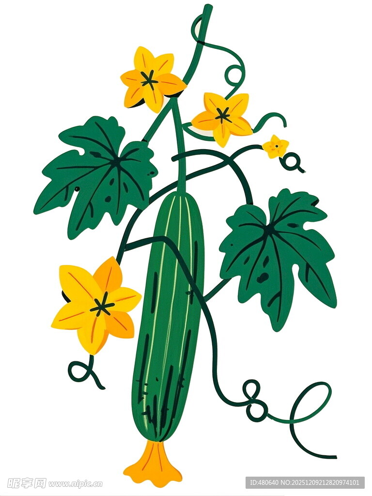 手绘翠绿黄瓜与黄色花朵