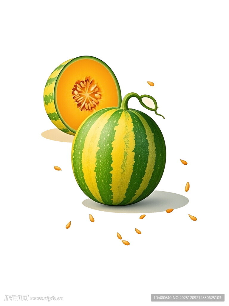 新鲜甜瓜插画瓜籽散落
