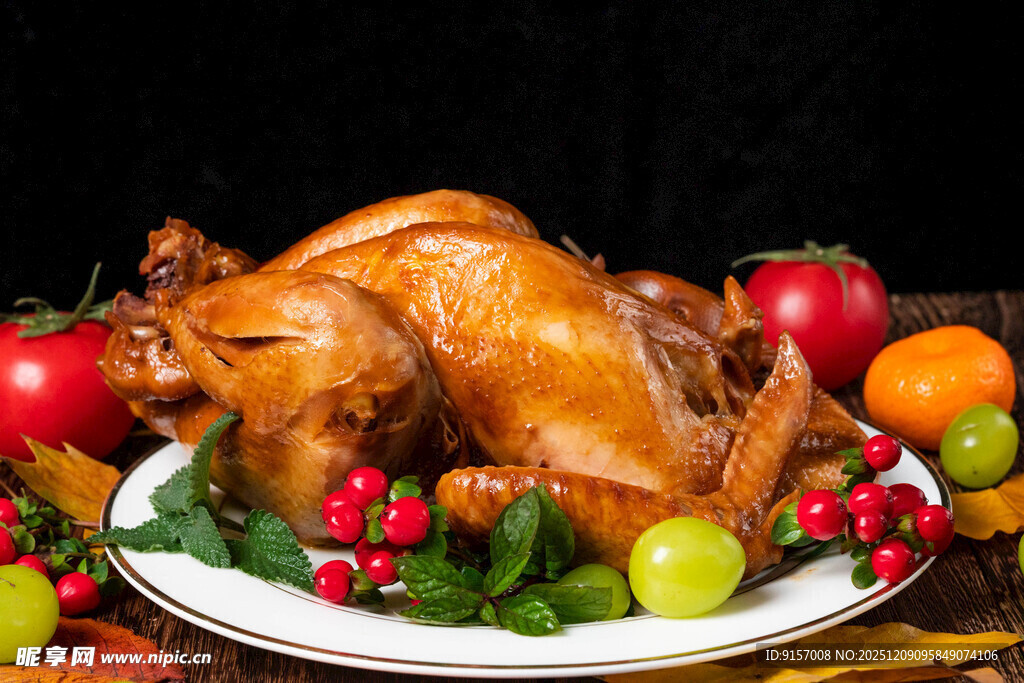 烤鸡配多彩蔬果摆盘