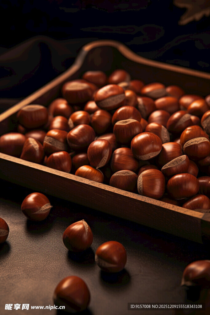 托盘上的饱满新鲜栗子