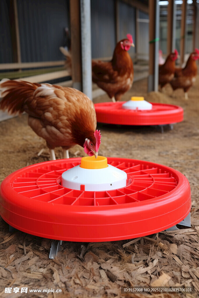 鸡在红色食盘进食