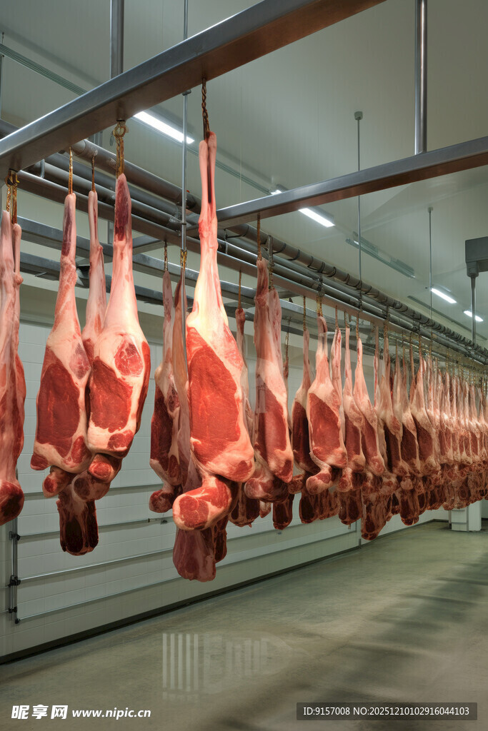 肉类加工厂悬挂的新鲜肉品
