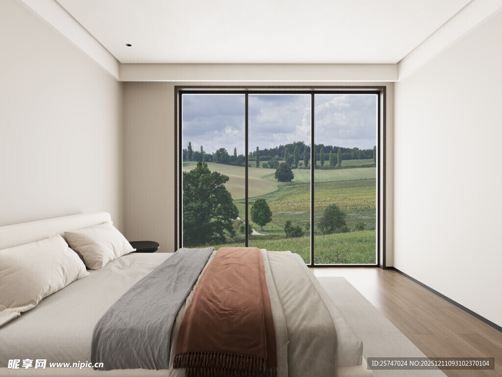 现代卧室窗外田园美景