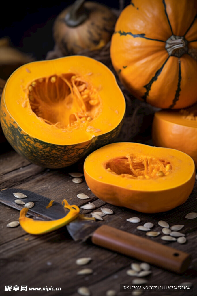 切开的南瓜与刀具和种子