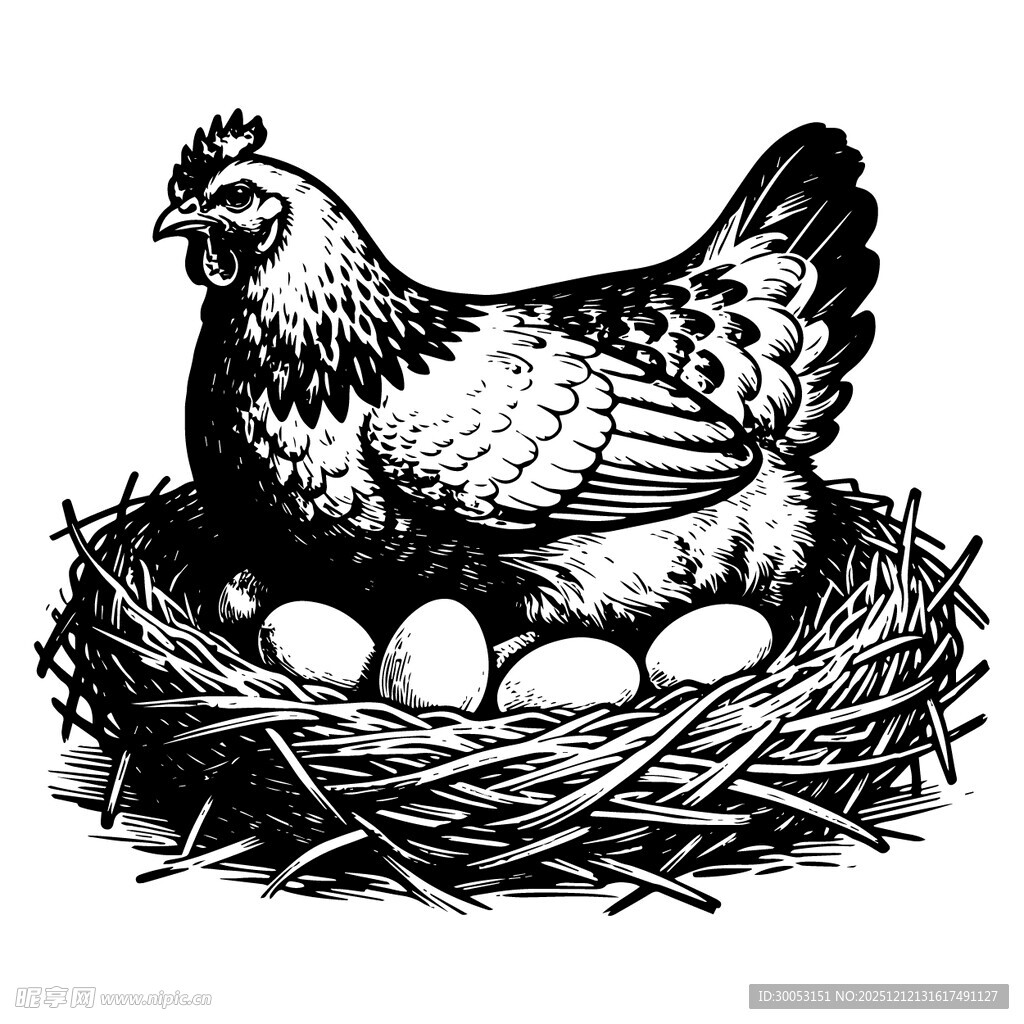 母鸡孵蛋于巢中