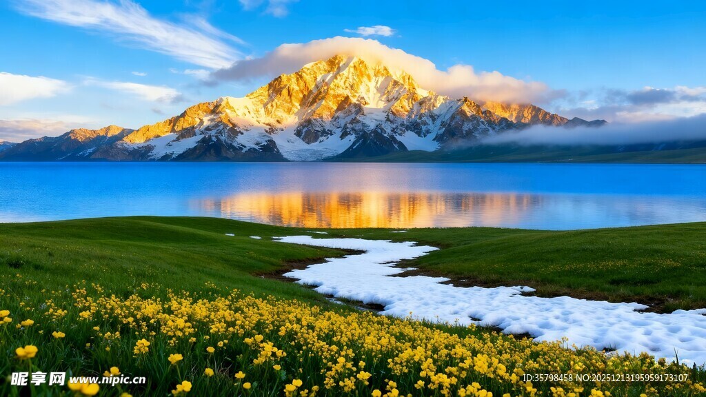 湖畔花海映雪山美景