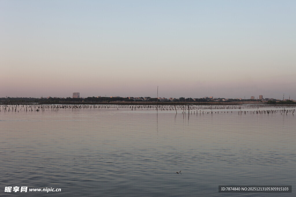 平静湖面与远处天际线