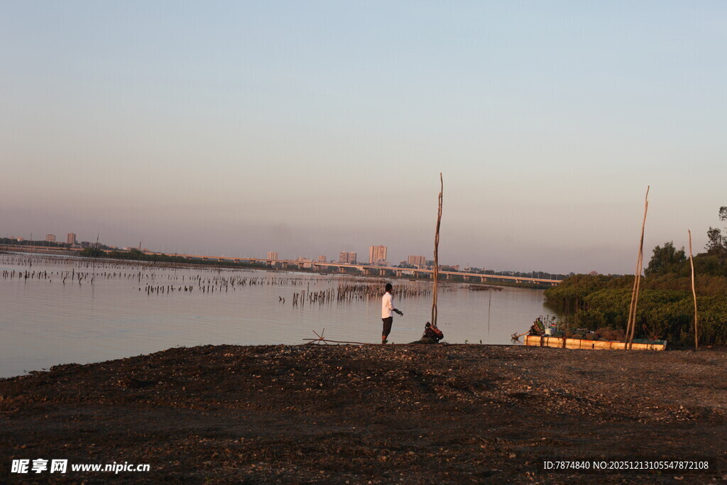 黄昏岸边的静谧景象