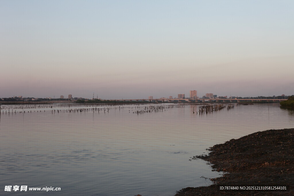 黄昏下的宁静河岸风光