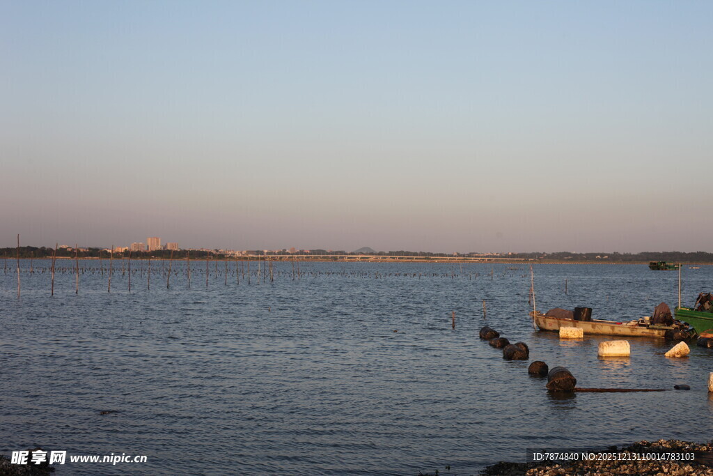 黄昏下宁静的水边景象