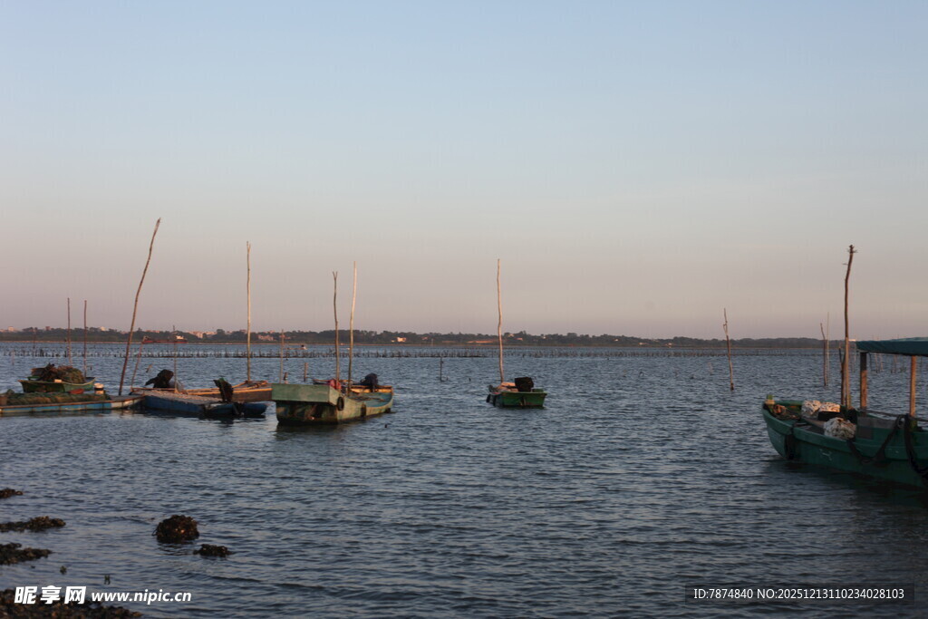 黄昏湖畔停泊的几艘小船